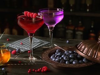 Обои малина, ягоды, коктейль, черника, алкоголь, ликер, фужеры, raspberry, berries, cocktail, blueberries, alcohol, liqueur, glasses разрешение 2846x1576 Загрузить