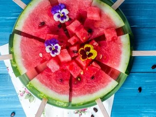 Обои цветы, арбуз, анютины глазки, flowers, watermelon, pansy разрешение 4416x3349 Загрузить