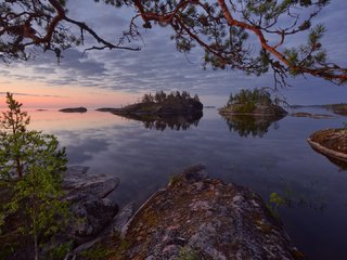 Обои деревья, ладога, вода, ладожское озеро, озеро, скалы, камни, россия, сосны, островки, trees, ladoga, water, lake ladoga, lake, rocks, stones, russia, pine, islands разрешение 1920x1080 Загрузить