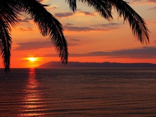 Обои небо, солнце, закат, море, пальма, the sky, the sun, sunset, sea, palma разрешение 1920x1225 Загрузить