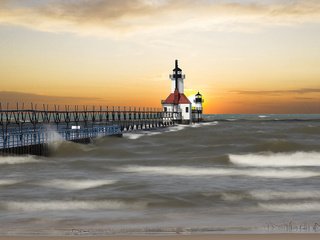 Обои дорога, волны, маяк, проход, мичиган, saint joseph, road, wave, lighthouse, pass, michigan разрешение 2112x1188 Загрузить