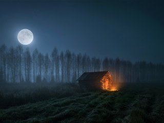 Обои ночь, деревья, луна, огонь, дом, night, trees, the moon, fire, house разрешение 2048x1152 Загрузить