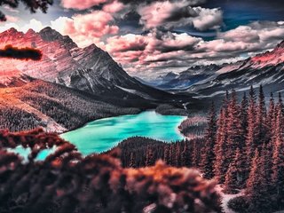 Обои облака, деревья, озеро, горы, природа, пейзаж, clouds, trees, lake, mountains, nature, landscape разрешение 2880x1800 Загрузить