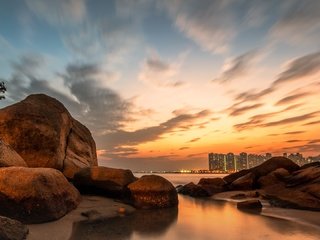 Обои скалы, берег, закат, пейзаж, море, камень, rocks, shore, sunset, landscape, sea, stone разрешение 1920x1080 Загрузить