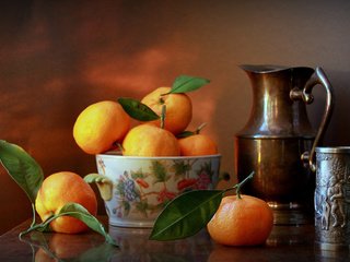 Обои еда, лист, цитрус, кувшин, мандарин, натюрморт, food, sheet, citrus, pitcher, mandarin, still life разрешение 2112x1188 Загрузить