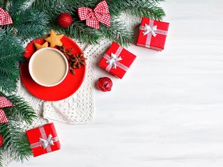 Обои новый год, украшения, кофе, подарки, рождество, печенье, новогодние украшения, new year, decoration, coffee, gifts, christmas, cookies, christmas decorations разрешение 5441x3627 Загрузить