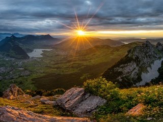 Обои деревья, горы, солнце, природа, пейзаж, швейцария, trees, mountains, the sun, nature, landscape, switzerland разрешение 6143x2416 Загрузить