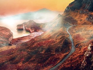 Обои дорога, море, скала, туман, осень, арка, road, sea, rock, fog, autumn, arch разрешение 2880x1800 Загрузить