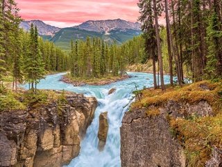 Обои река, горы, водопад, розовое небо, river, mountains, waterfall, pink sky разрешение 2046x1340 Загрузить