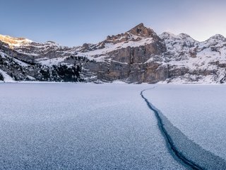 Обои озеро, oeschinen lake, горы, природа, зима, швейцария, альпы, берн, kandersteg, oeschinensee, lake, mountains, nature, winter, switzerland, alps, bern разрешение 3840x2160 Загрузить