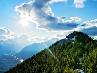 Обои небо, sulphur mountain, гора салфер, природа, лес, пейзаж, гора, высота, канада, национальный парк банф, the sky, nature, forest, landscape, mountain, height, canada, banff national park разрешение 3840x2160 Загрузить