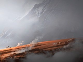 Обои арт, горы, склон, всадник, путник, jama jurabaev, art, mountains, slope, rider, traveler разрешение 2560x1440 Загрузить