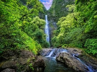 Обои деревья, растительность, горы, обрушивается, скалы, kauai, природа, пейзаж, водопад, речка, гаваи, trees, vegetation, mountains, falls, rocks, nature, landscape, waterfall, river, hawaii разрешение 2048x1366 Загрузить