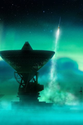 Обои северное сияние, ракета, антенна, northern lights, rocket, antenna разрешение 1920x1200 Загрузить