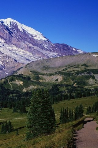 Обои небо, дорога, деревья, горы, the sky, road, trees, mountains разрешение 2074x1200 Загрузить