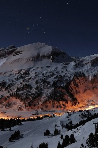 Обои ночь, горы, снег, звезды, night, mountains, snow, stars разрешение 1920x1200 Загрузить