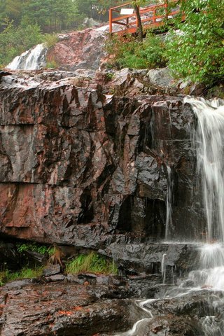 Обои мостик, лес, водопад, движение, глыбы, скал, the bridge, forest, waterfall, movement, blocks, rocks разрешение 1920x1200 Загрузить