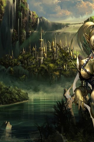 Обои горы, девушка, воин, водопад, город, эльфийка, mountains, girl, warrior, waterfall, the city, elf разрешение 1920x1200 Загрузить