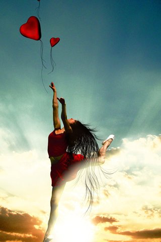 Обои небо, шары, девушка, настроение, прыжок, воздушные, the sky, balls, girl, mood, jump, air разрешение 1920x1200 Загрузить