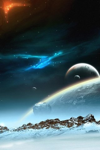 Обои горы, снег, космос, звезды, планеты, сияния, mountains, snow, space, stars, planet, lights разрешение 1920x1200 Загрузить