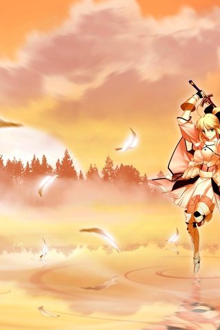 Обои лес, закат, девушка, меч, аниме, fate stay night, сабля, forest, sunset, girl, sword, anime, saber разрешение 2560x1600 Загрузить