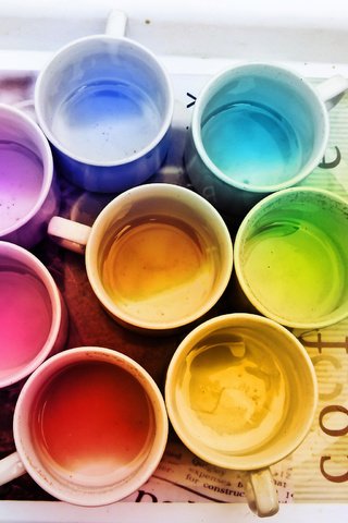 Обои цвета, кофе, радуга, кружки, поднос, color, coffee, rainbow, mugs, tray разрешение 2000x1536 Загрузить