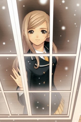 Обои снег, зима, аниме, окно. девушка, snow, winter, anime, window. girl разрешение 2006x1491 Загрузить