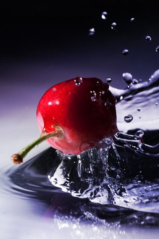 Обои вода, макро, капли, ягода, брызги, плод, вишня, water, macro, drops, berry, squirt, the fruit, cherry разрешение 1920x1200 Загрузить