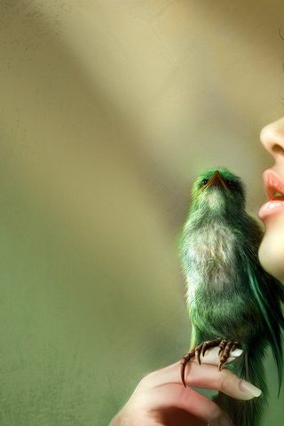 Обои птица, волосы, губы, лицо, nell fallcard - green wisper, bird, hair, lips, face разрешение 1920x1200 Загрузить