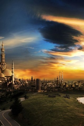 Обои небо, дорога, облака, закат, город, мечеть, the sky, road, clouds, sunset, the city, mosque разрешение 1920x1200 Загрузить