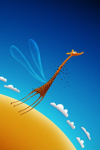 Обои небо, облака, полет, жираф, the sky, clouds, flight, giraffe разрешение 2560x1600 Загрузить