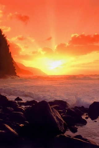 Обои скалы, камни, берег, волны, закат, море, rocks, stones, shore, wave, sunset, sea разрешение 1999x1333 Загрузить