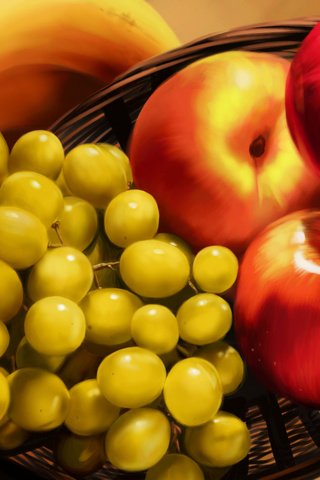 Обои виноград, фрукты, яблоки, корзина, живопись, бананы, grapes, fruit, apples, basket, painting, bananas разрешение 1920x1200 Загрузить