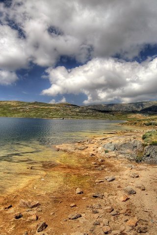 Обои облака, озеро, камни, берег, горизонт, clouds, lake, stones, shore, horizon разрешение 2560x1600 Загрузить