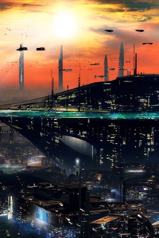 Обои закат, город, небоскребы, будущее, sci-fi, sunset, the city, skyscrapers, future разрешение 3360x1050 Загрузить