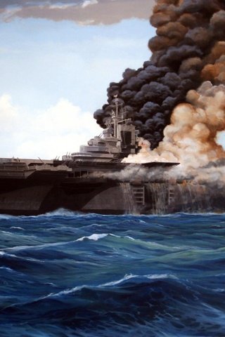 Обои самолет, море, война, корабль, дым, пожар, авианосец, the plane, sea, war, ship, smoke, fire, the carrier разрешение 2400x1138 Загрузить