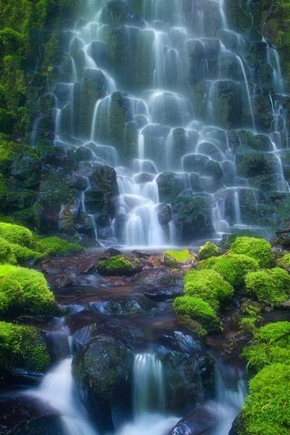 Обои камни, водопад, мох, каскад, stones, waterfall, moss, cascade разрешение 2560x1440 Загрузить