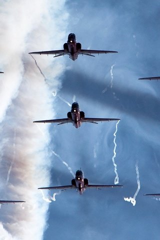 Обои небо, дым, самолеты, строй, фигуры высшего пилотажа, the sky, smoke, aircraft, stroy, aerobatics разрешение 3200x1200 Загрузить