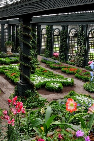 Обои цветы, статуя, клумбы, оранжерея, зимний сад, flowers, statue, beds, greenhouse, winter garden разрешение 2560x1600 Загрузить