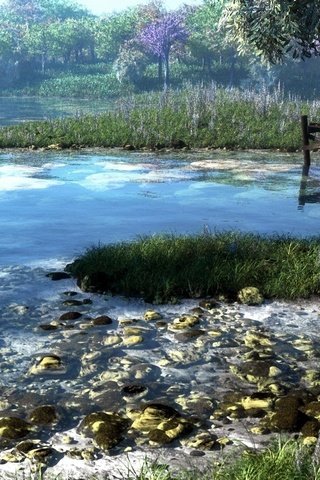 Обои арт, трава, река, природа, камни, лес, причал, деревья фото, art, grass, river, nature, stones, forest, pier, trees photos разрешение 1920x1170 Загрузить