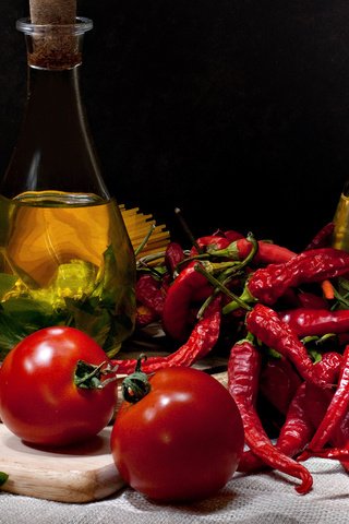 Обои зелень, масло, перец, спагетти, томаты, уксус, greens, oil, pepper, spaghetti, tomatoes, vinegar разрешение 1920x1080 Загрузить