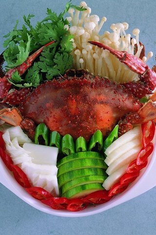 Обои зелень, грибы, овощи, краб, морепродукты, блюда из крабов, greens, mushrooms, vegetables, crab, seafood, crab dishes разрешение 3000x2179 Загрузить