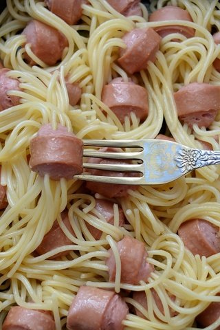 Обои вилка, спагетти, сосиски, макаронные блюда, plug, spaghetti, sausage, pasta dishes разрешение 2048x1498 Загрузить