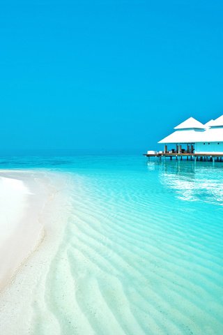 Обои море, пляж, остров, бунгало, тропики, мальдивы, sea, beach, island, bungalow, tropics, the maldives разрешение 3563x2377 Загрузить