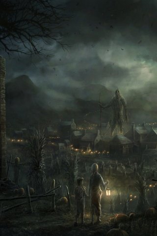 Обои встреча хэллоуина в деревне, meeting of halloween in the village разрешение 2560x1440 Загрузить