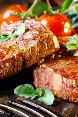 Обои зелень, мясо, помидоры, бифштексы, бифштекс, greens, meat, tomatoes, steaks, steak разрешение 2560x1600 Загрузить