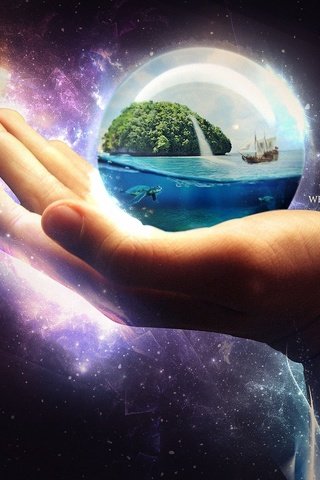 Обои арт, рука, корабль, черепаха, сфера, океан, шар, остров, art, hand, ship, turtle, sphere, the ocean, ball, island разрешение 1920x1080 Загрузить