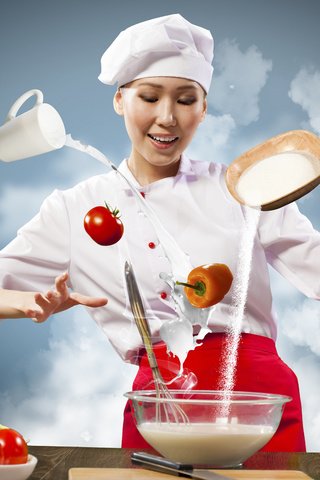 Обои девушка, улыбка, яйца, молоко, помидоры, повар, перчики, girl, smile, eggs, milk, tomatoes, cook, peppers разрешение 2560x1600 Загрузить