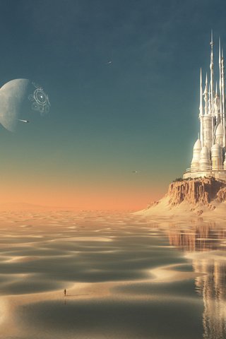 Обои вода, песок, планета, замок, остров, мель, рендер, water, sand, planet, castle, island, stranded, render разрешение 1920x1080 Загрузить