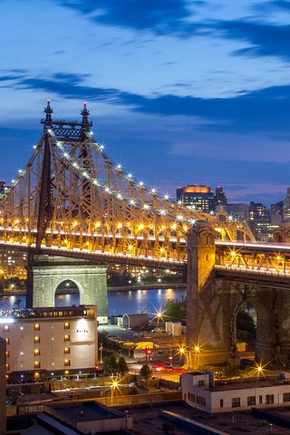 Обои огни, вечер, сша, нью-йорк, манхэттен, мост куинсборо, lights, the evening, usa, new york, manhattan, the queensboro bridge разрешение 2048x1152 Загрузить